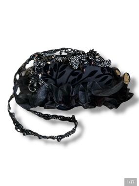 Mary Frances Vintage Black Velvet Leaf Beaded Evening Bag